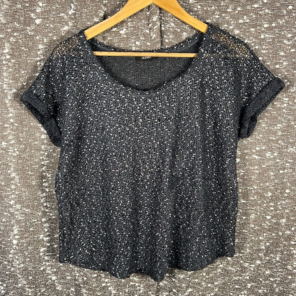 Alfani Sheer Lacey Shimmer Scoop‎ Neck Short Sleeve Top